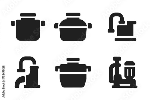 Septic System Icons. Septic tank system. Set Logo of Pump: Pump. Minimal outline, Symmetrical form, Filled silhouette, Negative space, Iconic shape, Flat