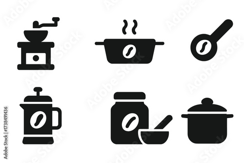 Bean Kitchen Tools. Solid, filled icon set of bean kitchen tools: coffee grinder, bean scooper, roasting pan, measuring spoon, coffee press, bean storage jar,
