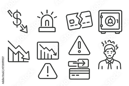 Financial Crisis Icons. Outline icon set of financial crisis: falling dollar sign, alarm siren, broken credit card, empty bank vault, red arrow down,
