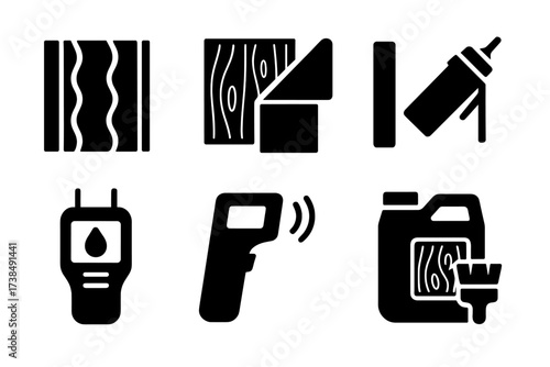 Insulation Icon Set. Solid, filled icon set of wooden wall insulation and protection: insulation panel, vapor barrier, weather stripping, sealant tube,