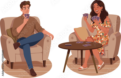 Smiling Couple Playing Card Game at Home, Leisure Activity, Indoor Fun, Weekend Hobby, Relaxation, Friends Gathering and Cozy Living Room Vector

.