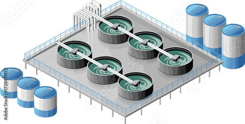 Modern isometric wastewater treatment plant, industrial water purification facility, clean water process system