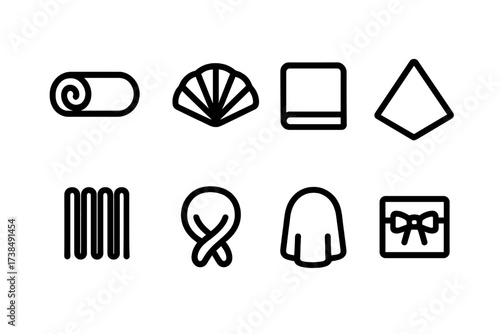 Towel Folding Icons. Solid, filled icon set of towel folding styles: towel roll, towel fan, towel square fold, towel triangle fold, towel accordion fold, towel