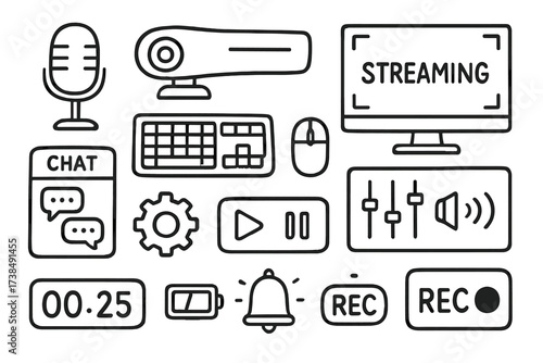 Streaming Tools Doodle. Hand-drawn doodle illustration Streaming controls and tools microphone, webcam, computer screen, keyboard, mouse, sound mixer, timer,