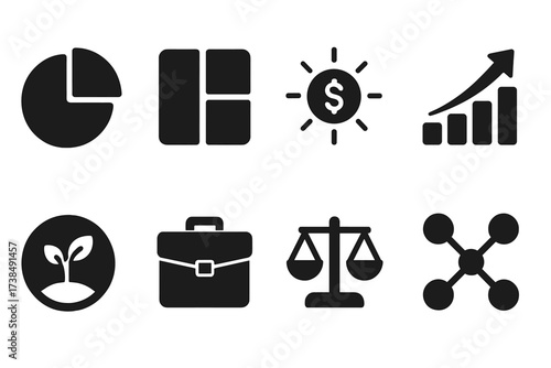 Investment Icons Grid. Solid, filled icon set of portfolio diversification: pie chart slices, asset allocation, investment sectors, risk distribution, dollar