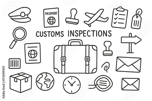 Customs Icons Doodle. Hand-drawn doodle illustration Customs inspections suitcase, passport, stamp, magnifying glass, airplane, clipboard, checklist, officer