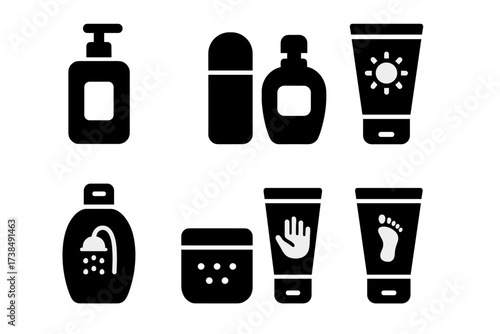 Body Care Icons. Solid, filled icon set of daily body care: lotion, deodorant, perfume, sunscreen, body wash, exfoliating scrub, hand cream, foot cream. Solid,