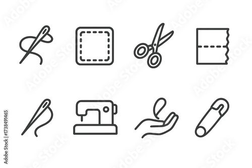 DIY Repair Icons. Outline icon set of DIY repair: needle and thread, patch, sewing scissors, torn fabric, needle pulling thread, sewing machine, mending hand,