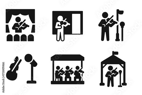 Violin Performance Icons. Solid, filled icon set of violin performance settings: concert hall, rehearsal room, street performance, recording studio, chamber