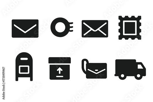 Postal Icon Set. Solid, filled icon set of postal communication: letter, postmark, envelope, postage stamp, mailbox, parcel box, courier bag, postal truck.