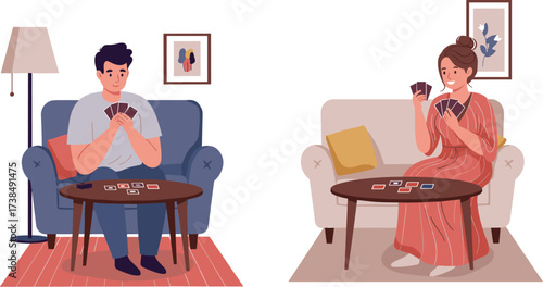 Smiling Couple Playing Card Game at Home, Leisure Activity, Indoor Fun, Weekend Hobby, Relaxation, Friends Gathering and Cozy Living Room Vector

.
