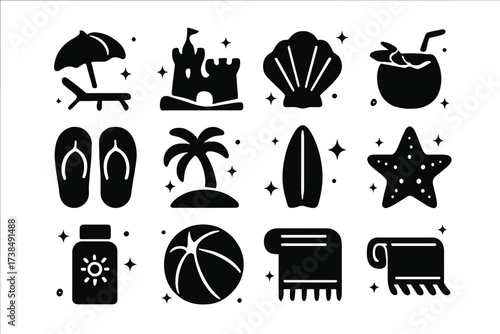 Beach Icon Set. Beaches. Solid icons set of umbrella, beach chair, sandcastle, seashell, coconut drink, flip flops, palm tree, surfboard, starfish, sunscreen