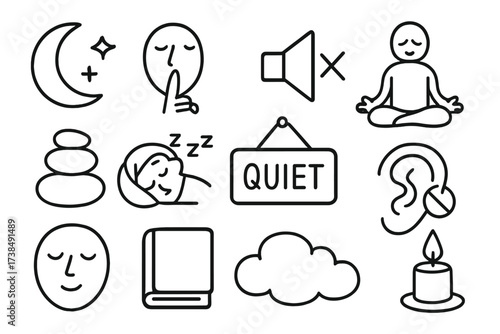 Serene Silence Icons. Hand-drawn doodle illustration Quiet nature and silence forest, moon, stars, finger on lips, mute speaker, meditation pose, zen stones,