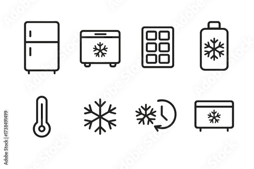 Refrigeration Icon Set. Outline icon set of refrigeration and freezing: refrigerator, freezer, ice cube tray, cold pack, temperature gauge, frost, defrost