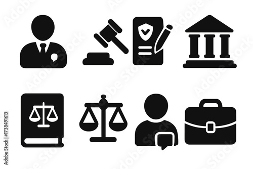 Legal Icons Set. Solid, filled icon set of legal help: lawyer, gavel, contract, courthouse, law book, scales of justice, legal advice, briefcase. [Line icons