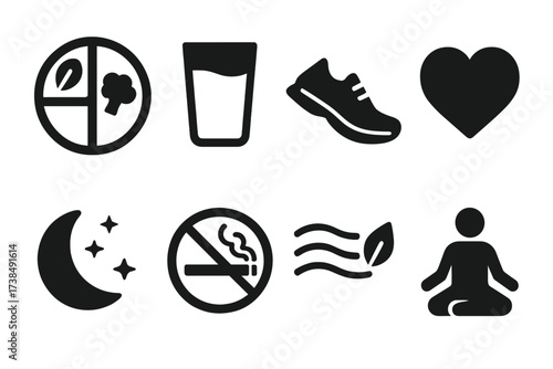 Healthy Lifestyle Icons. Solid, filled icon set of healthy lifestyle: balanced plate, water glass, heart icon, running shoe, sleep moon, no smoking, fresh air,