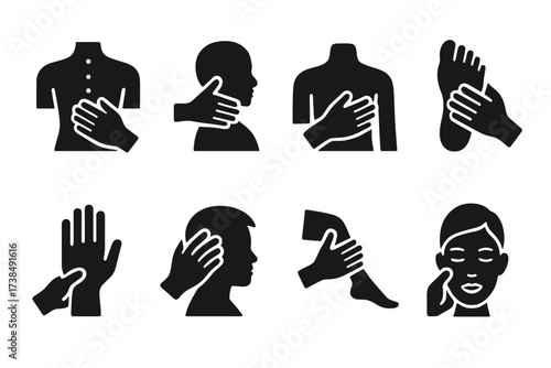 Massage Body Icons. Solid, filled icon set of massage body parts: back, neck, shoulders, feet, hands, scalp, legs, face. Solid, filled icons in only black
