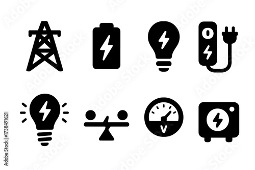 Power Management Icons. Solid, filled icon set of power management: power grid, battery indicator, energy saving, surge protector, power outage, load