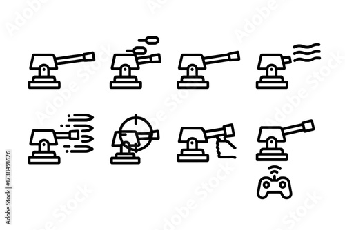 Turret Firing Icons. Outline icon set of turret firing modes: single shot, burst fire, automatic fire, suppressive fire, salvo, precision mode, manual aim,