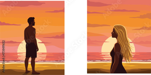 Pixel Art Man and Woman Silhouettes on Beach at Sunset, Summer Vacation, Romantic Sea View, Evening Horizon, Leisure and Retro Game Vector

.