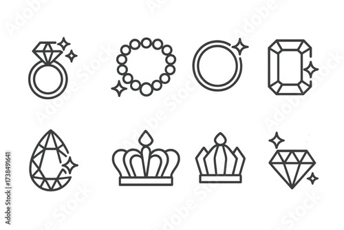 Jewelry Icon Collection. Outline icon set of sparkle in jewelry and gems: diamond ring, pearl necklace, gold bracelet, sapphire, ruby, emerald, crown jewels,