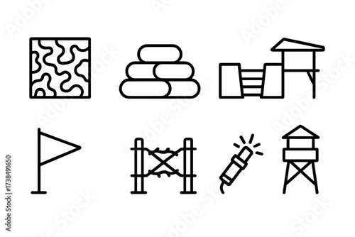 Battlefield Icon Set. Outline icon set of battlefield positioning: camouflage net, sandbags, trench, observation post, command flag, perimeter fence, signal