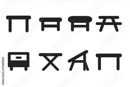 Table Icon Set. Solid, filled icon set of table types: dining table, coffee table, conference table, picnic table, bedside table, folding table, drafting