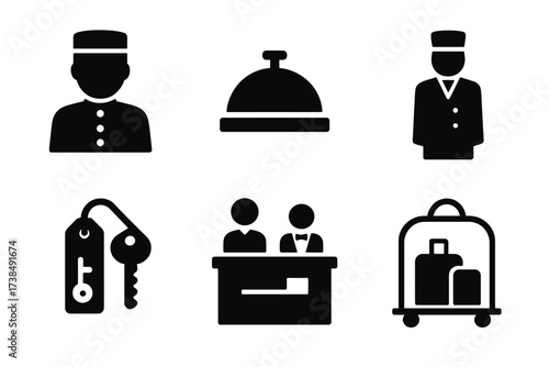 Hospitality Icon Set. Solid, filled icon set of hospitality service: bellhop, service bell, room key, hotel tray, concierge desk, doorman, luggage cart,