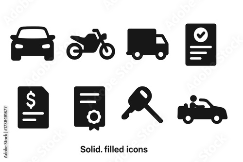 Vehicle Sale Icons. Solid, filled icon set of vehicle sale: car, motorcycle, truck, inspection certificate, bill of sale, title, key, test drive. [Solid,