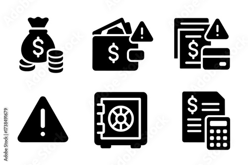 Financial Overload Icons. Solid, filled icon set of financial overload: debt pile, overloaded wallet, credit card maxed, bill stack, warning sign, bank vault,