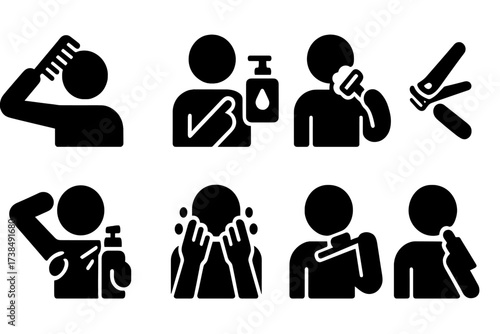 Personal Care Icons. Solid, filled icon set of daily personal care: hair combing, applying lotion, shaving, nail trimming, deodorizing, washing face, brushing
