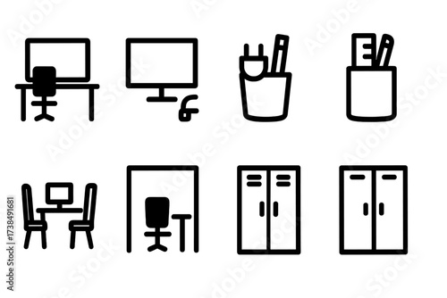 Office Vacancy Icons. Solid, filled icon set of office vacancy: empty desks, no employees, blank monitors, unplugged equipment, empty stationery holders, empty