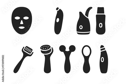 Face Care Devices Icons. Solid, filled icon set of face care devices: LED mask, microdermabrasion tool, facial steamer, ultrasonic spatula, micro-needling