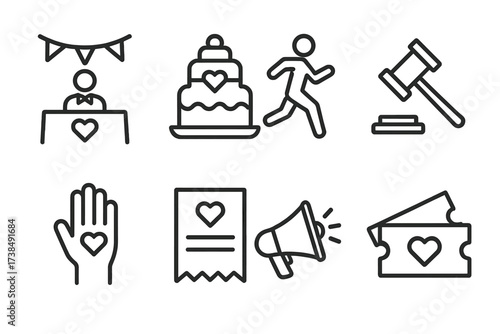 Charity Events Icons. Outline icon set of charity events: fundraising gala, bake sale, charity run, auction hammer, volunteer hand, donation receipt,