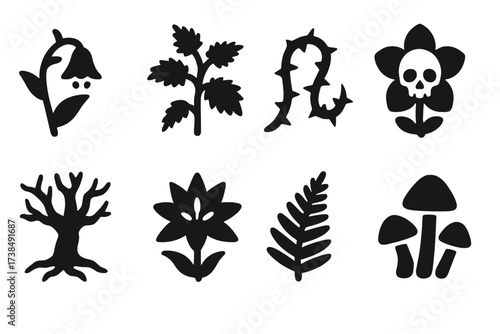 Dangerous Flora Icons. Solid, filled icon set of dangerous flora in dark forests: wolfsbane, nettle patch, thorn vine, deathbloom, cursed tree, blood lily,