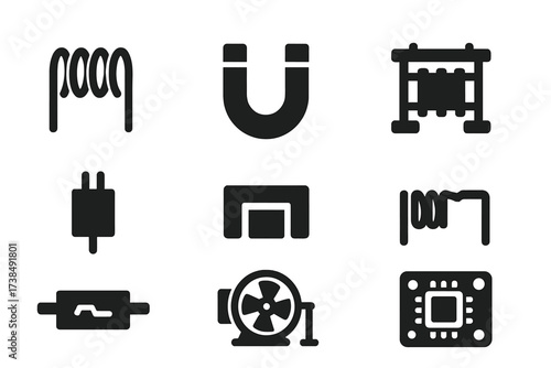 Induction Component Icons. Solid, filled icon set of induction components: copper wire coil, magnet core, transformer core, capacitor, resistor, electric