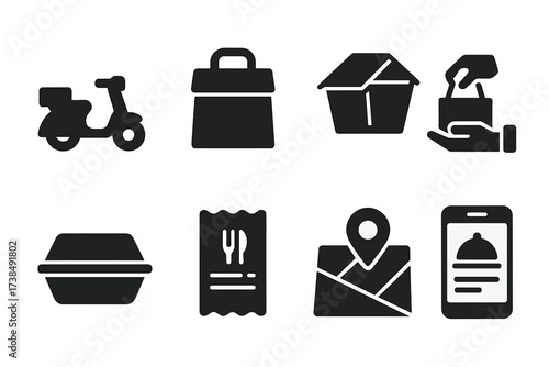 Food Delivery Icons. Solid, filled icon set of food delivery: scooter, thermal bag, takeout box, delivery handoff, food container, order slip, location map,