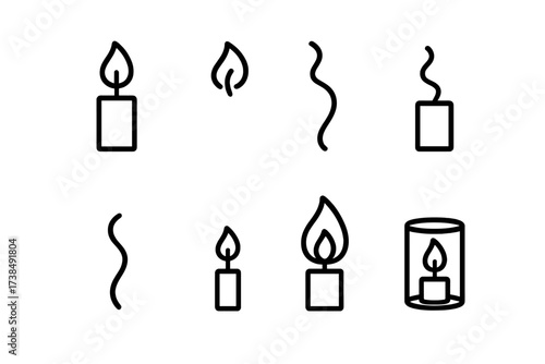 Candle Flame Icons. Outline icon set of candle flame states: steady flame, flickering flame, extinguished flame, smoke trail, small flame, large flame, candle