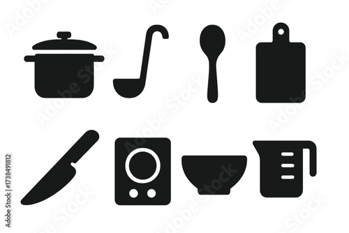 Cooking Utensils Icons. Solid, filled icon set of cooking utensils: pot, ladle, spoon, cutting board, knife, stove, bowl, measuring cup. [Line icons in only