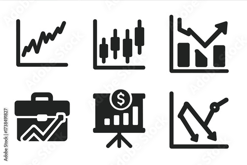 Financial Graph Icons. Solid, filled icon set of financial graphs: stock chart, candlestick graph, profit growth, loss decline, portfolio performance, dividend
