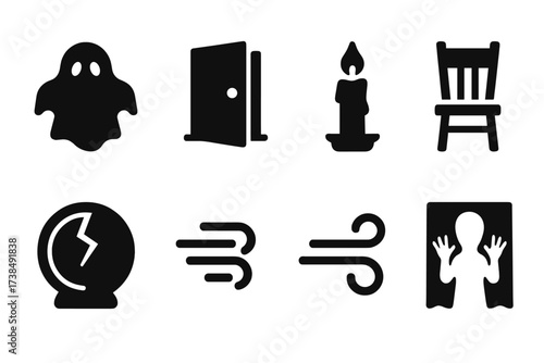 Haunted Mystery Icons. Solid, filled icon set of haunted mystery: ghost silhouette, creaking door, flickering candle, empty chair, broken mirror, cold breath,