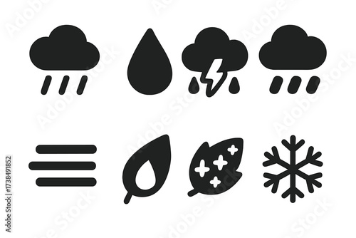 Weather Icon Grid. Solid, filled icon set of moisture in weather: rain cloud, raindrop, storm, drizzle, fog, dew, frost, snowflake. Solid, filled icons in only