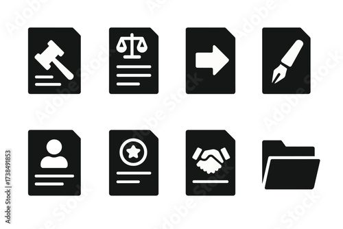 Legal Icon Set. Solid, filled icon set of lawsuit documentation: complaint, summons, motion, affidavit, deposition, court order, contract, evidence folder.