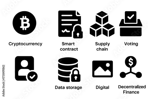 Blockchain Icon Set. Solid, filled icon set of blockchain applications: cryptocurrency, smart contract, supply chain, voting system, identity verification,