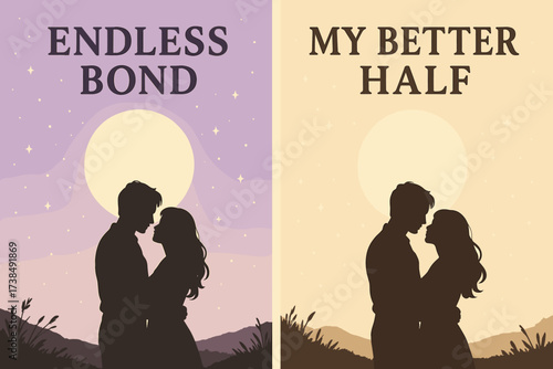 Lavender Moonlit Romance. Romance. Two vertical A6 banners, pastel, lavender and cream backgrounds, couple silhouette under moonlight, first banner with text