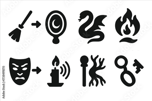 Enchanted Object Icons. Solid, filled icon set of enchanted object changes: broom to serpent, mirror to portal, book to bird, coin to flame, mask to creature,