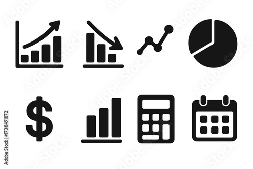 Financial Icons Grid. Solid, filled icon set of financial forecast: growth chart, decline chart, trend line, pie chart, dollar sign, bar graph, calculator,