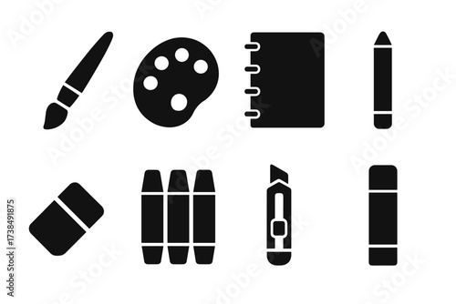 Creative Desk Tools. Solid, filled icon set of creative desk tools: paintbrush, palette, sketchbook, pencil, eraser, color markers, cutting knife, glue stick.