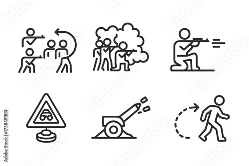 Battlefield Tactics Icons. Outline icon set of battlefield tactics: flanking maneuver, ambush, smoke screen, cover fire, minefield, forward observation post,