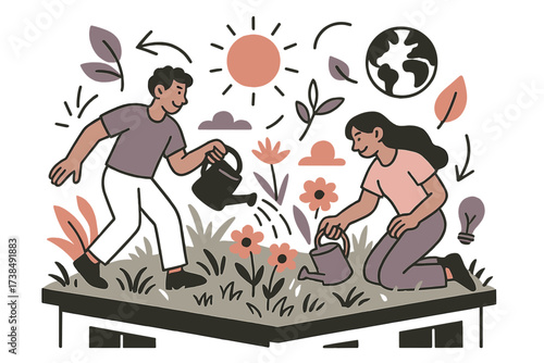 Sustainable Rooftop Garden. Green rooftop. Lush grass and plants covering a flat roof, people watering flowers under the sun. Floating eco-icons emphasize